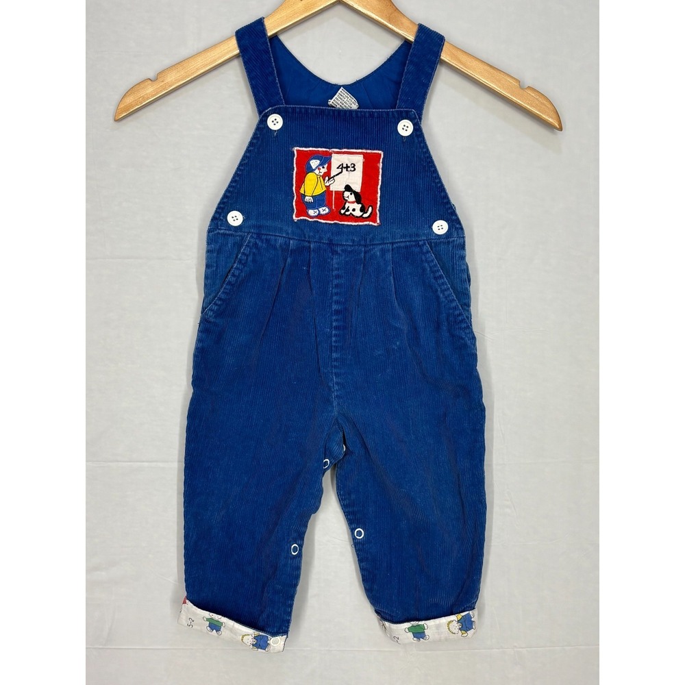 Overalls Boys Blue Corduroy Embroidered School Dog Patch Square Neck 12M Vintage